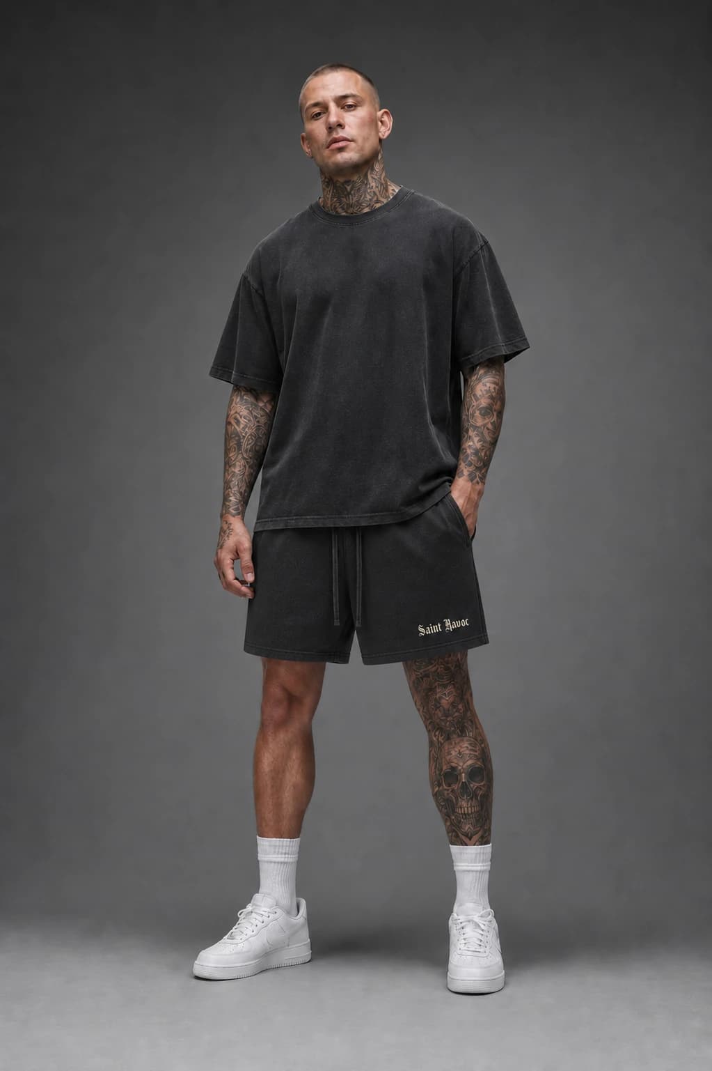 Saint Havoc Washed Shorts worn on a model