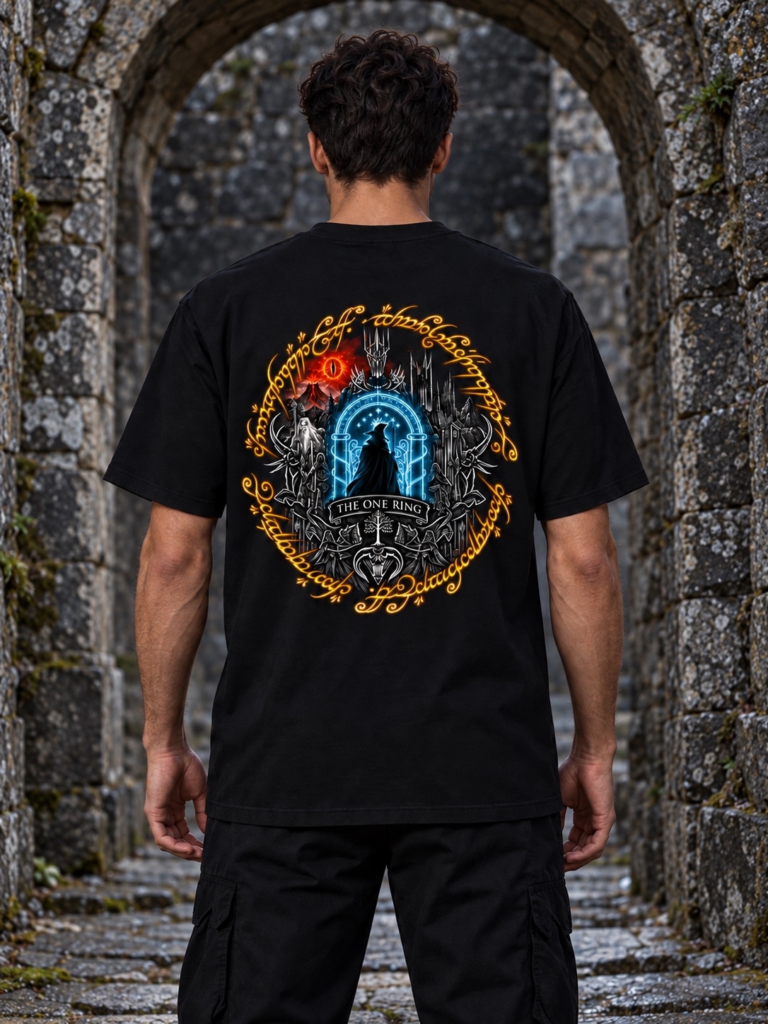 Model wearing the The One Ring core tee, back design