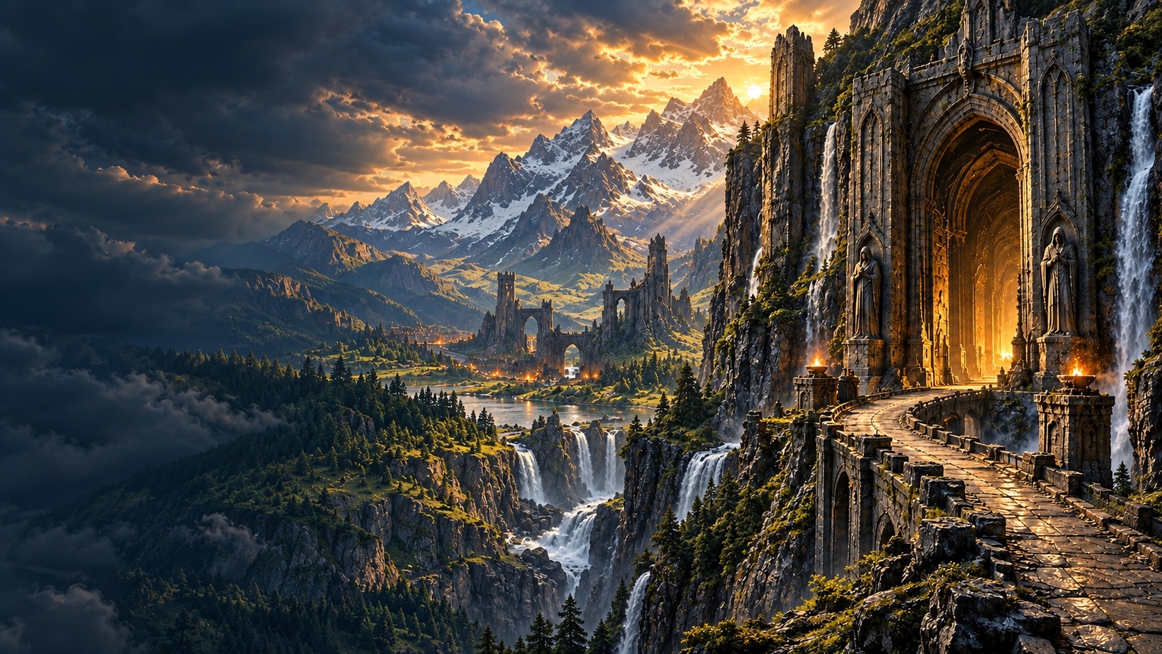 A mountain gateway overlooking a sweeping Middle-earth-inspired valley