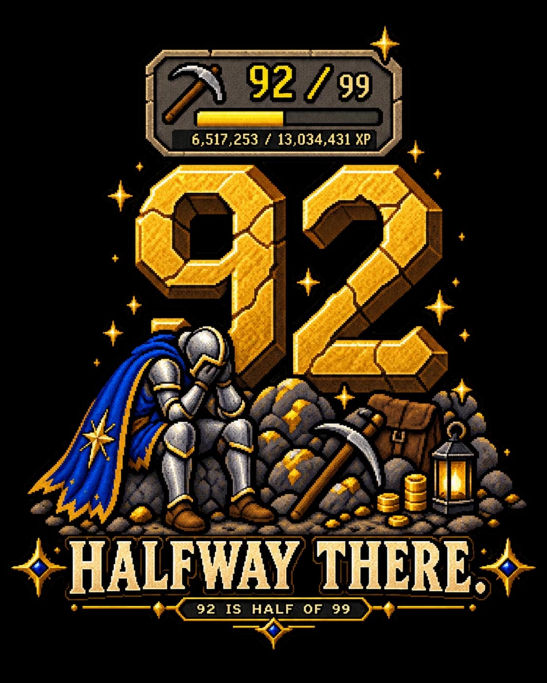 92 Is Half of 99 mining artwork shown on a washed-black Saint Havoc RuneScape tee
