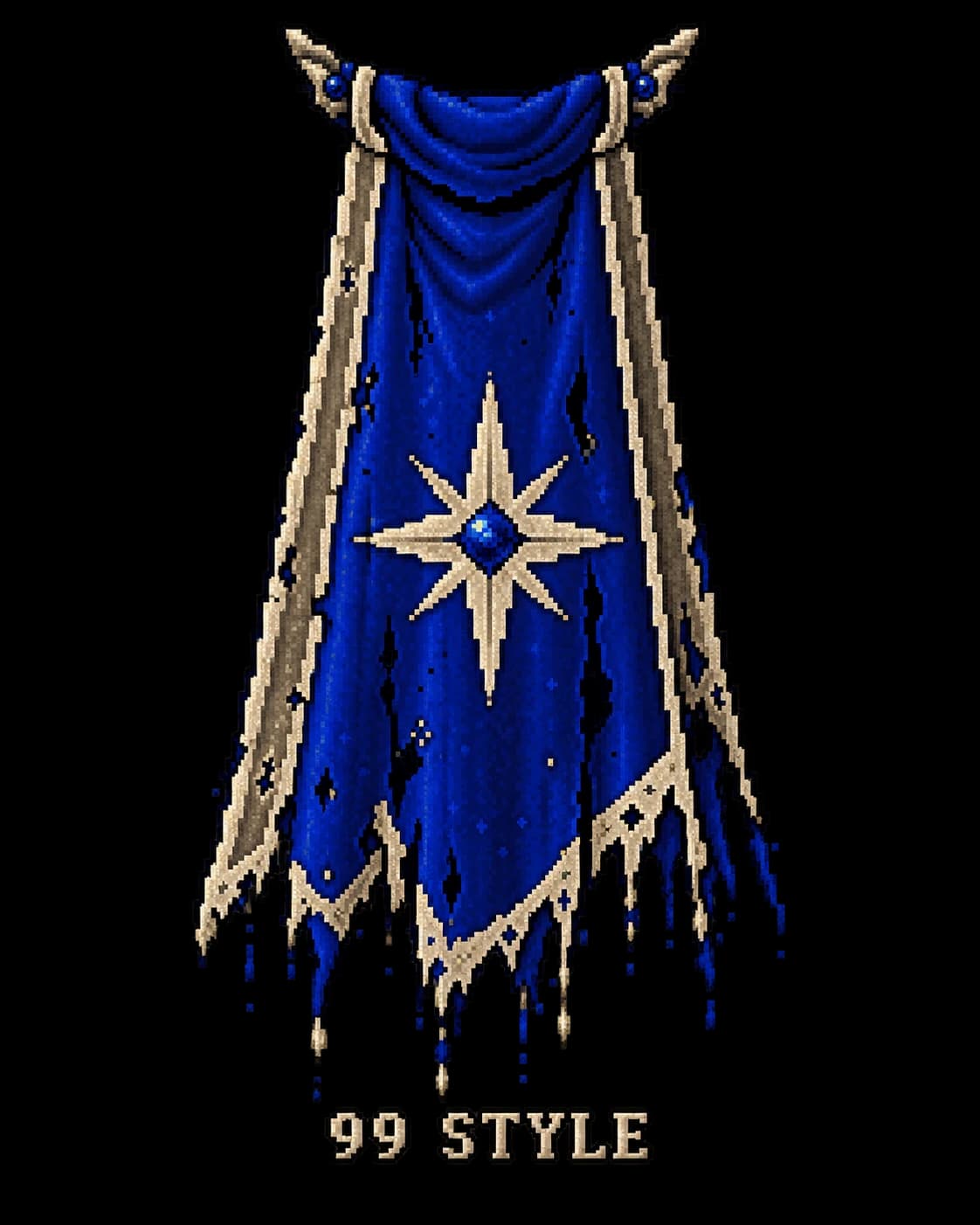Tattered blue skill cape pixel artwork with 99 Style lettering