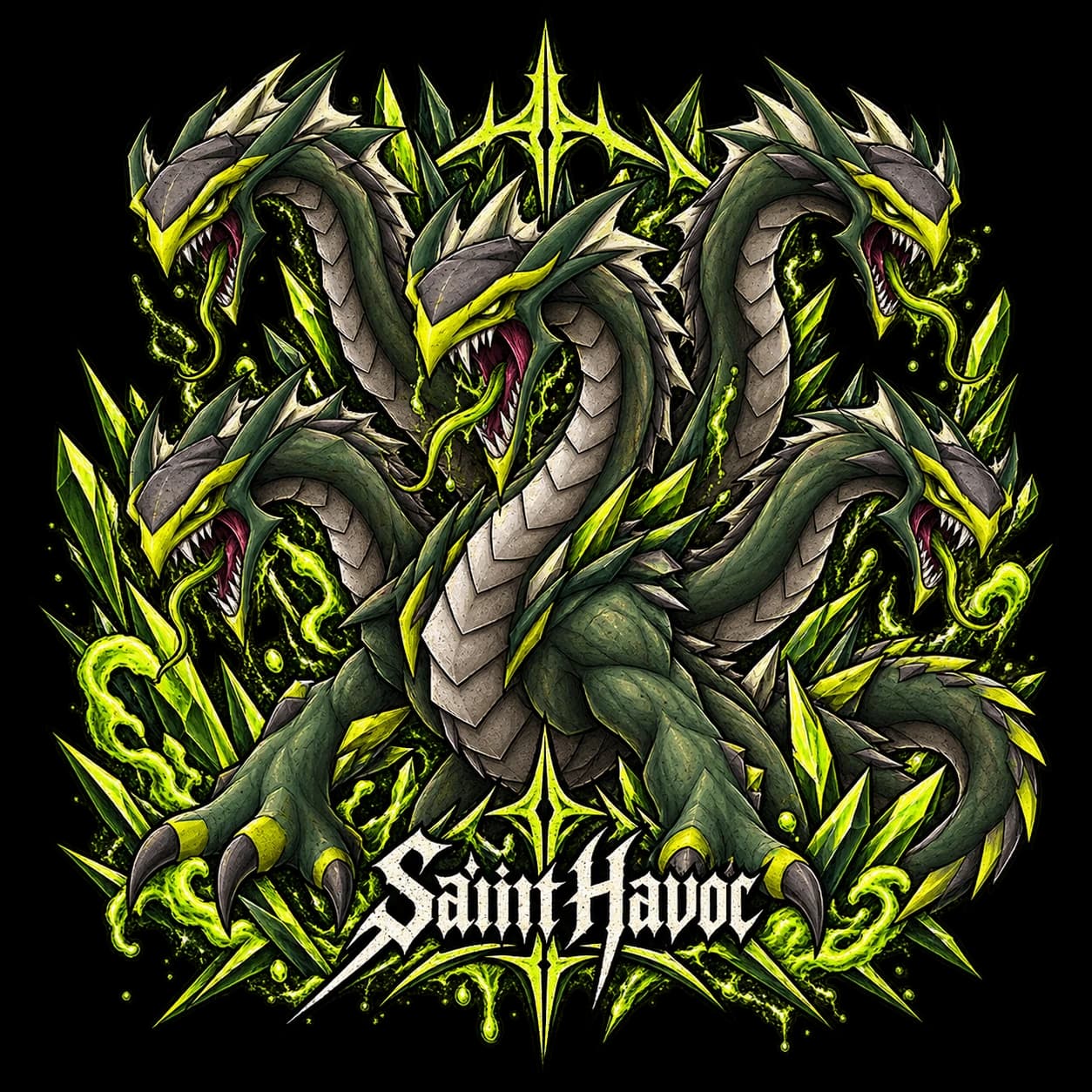 Multi-headed acid green Alchemical Hydra artwork for the Saint Havoc RuneScape tee