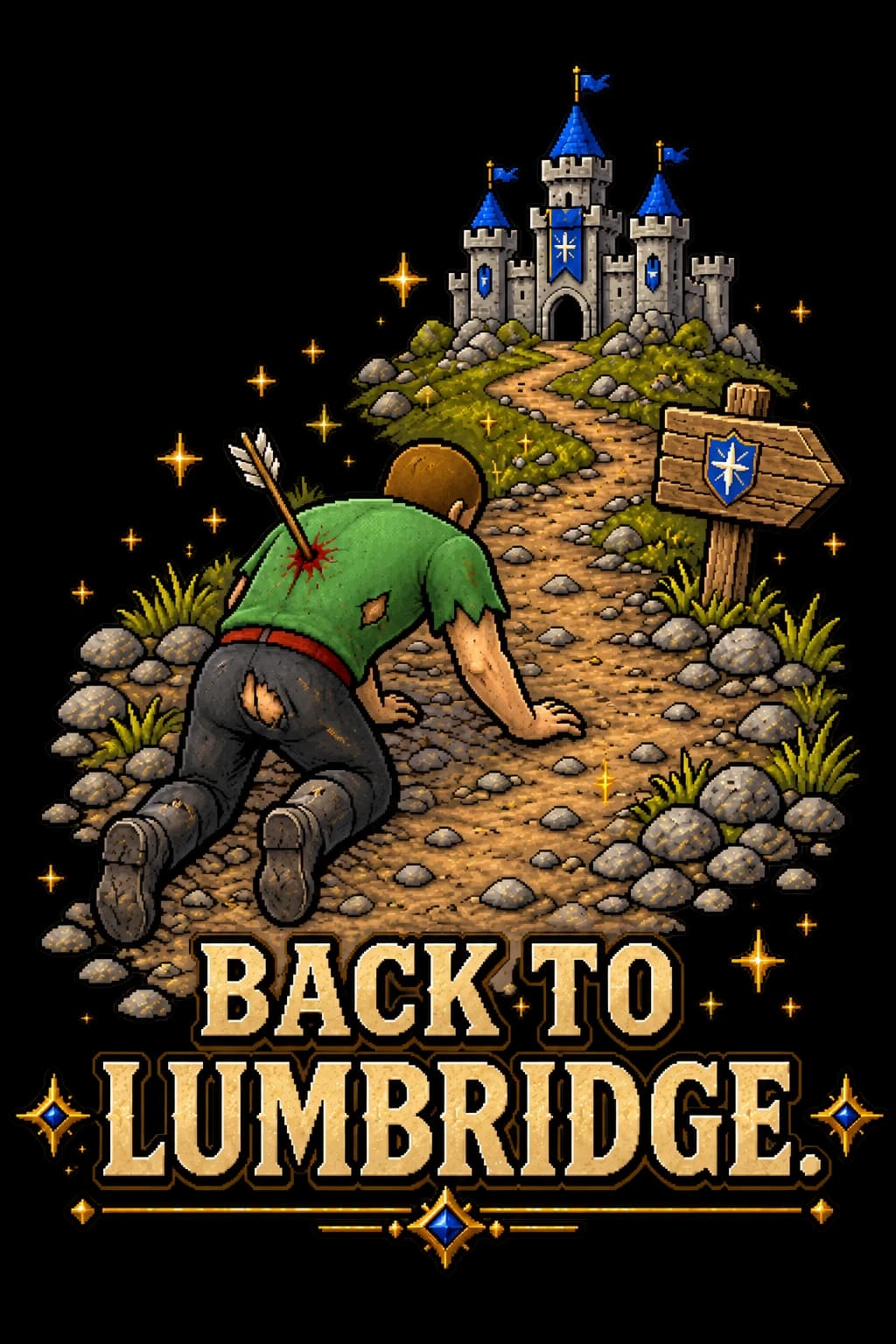 Back to Lumbridge respawn artwork shown on a washed-black Saint Havoc RuneScape tee
