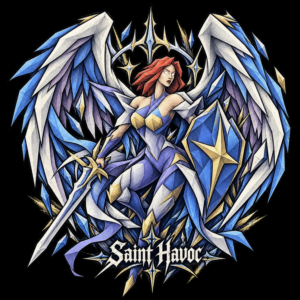 Blue and silver winged commander artwork for the Saint Havoc RuneScape tee