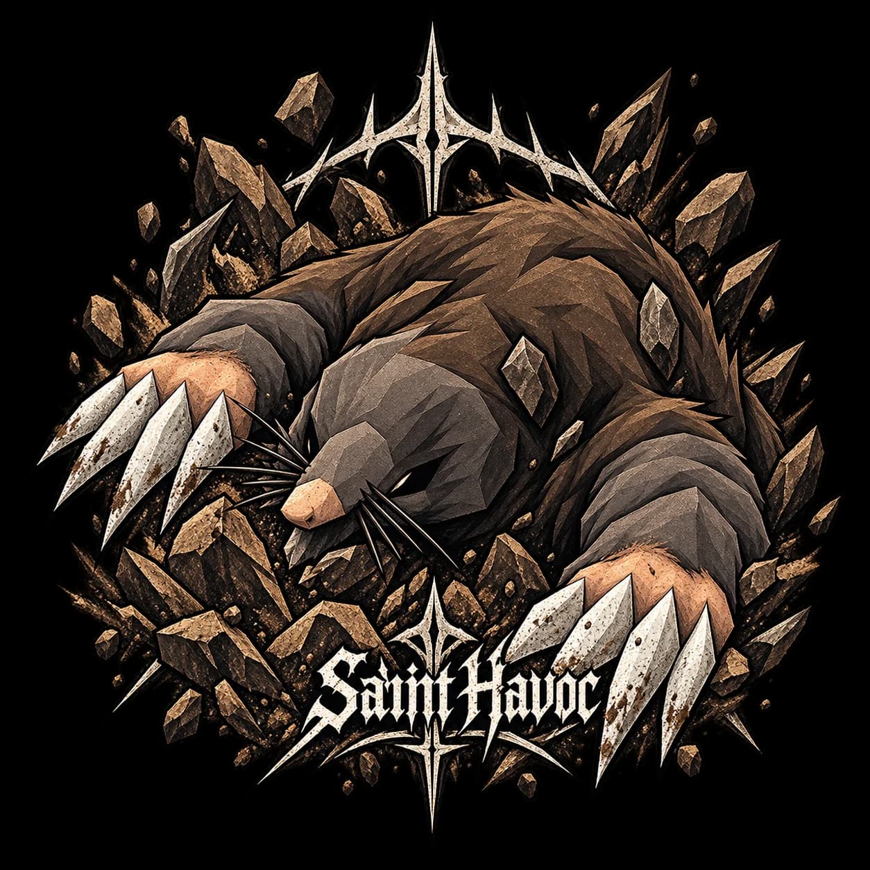 Giant mole bursting through rock artwork for the Saint Havoc RuneScape tee