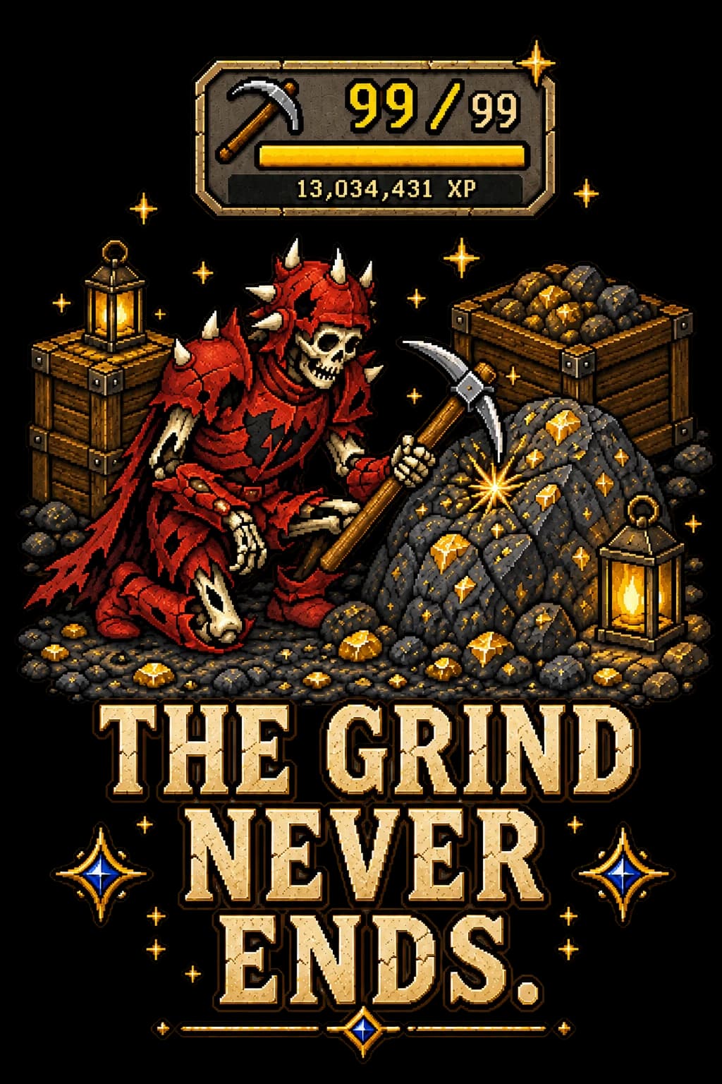 The Grind Never Ends mining artwork shown on a washed-black Saint Havoc RuneScape tee