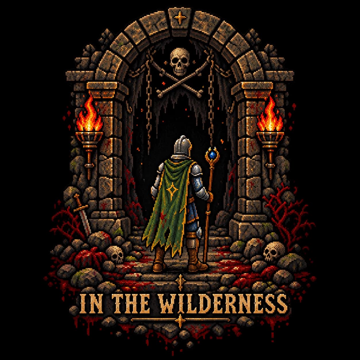 Pixel adventurer entering a dangerous stone archway with In the Wilderness lettering