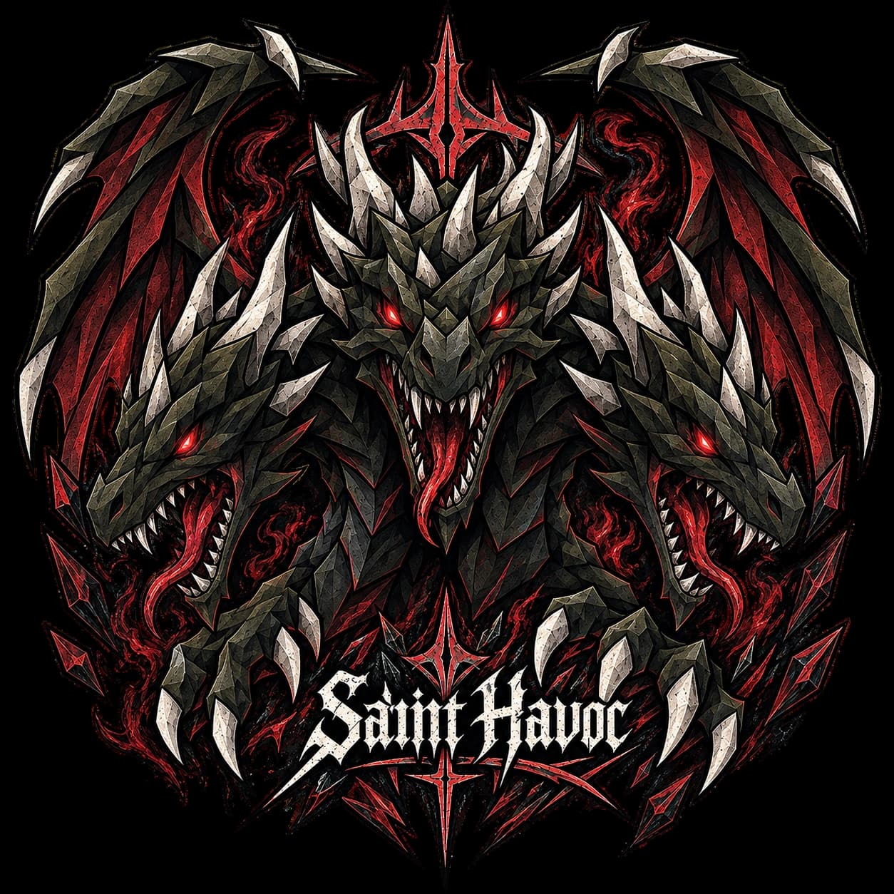 Three-headed black and red dragon artwork for the Saint Havoc RuneScape tee