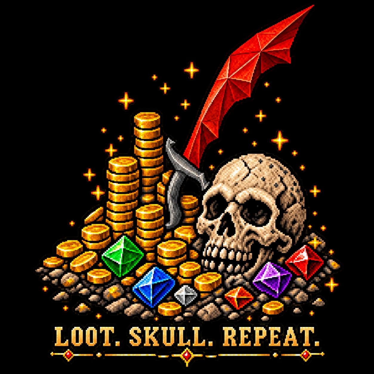 Pixel art loot pile, skull and scimitar with Loot Skull Repeat lettering