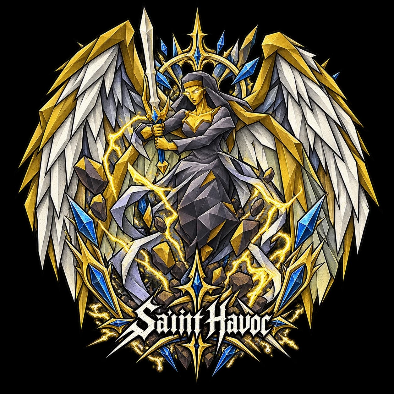 Gold, white and blue winged Mad Angel artwork for the Saint Havoc RuneScape tee