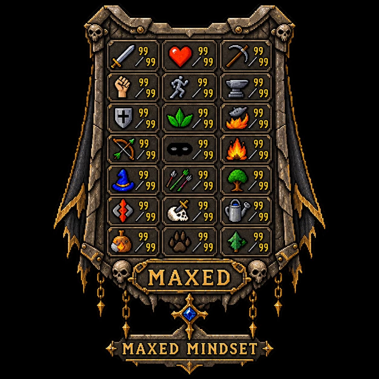 Pixel skill grid with all stats at 99 and Maxed Mindset lettering