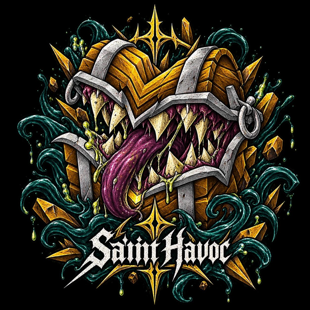 Monstrous treasure chest Mimic artwork for the Saint Havoc RuneScape tee