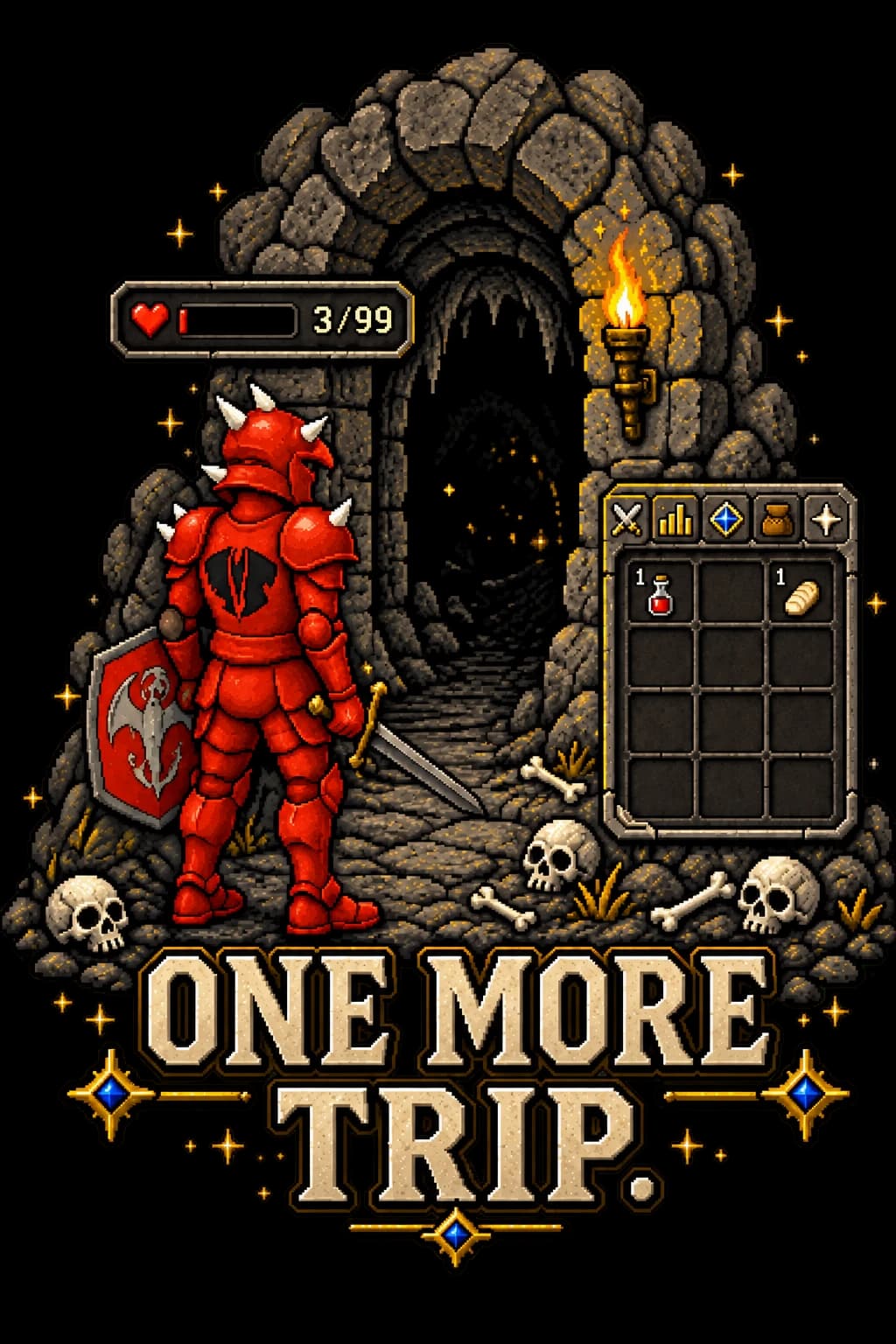 One More Trip dungeon artwork shown on a washed-black Saint Havoc RuneScape tee