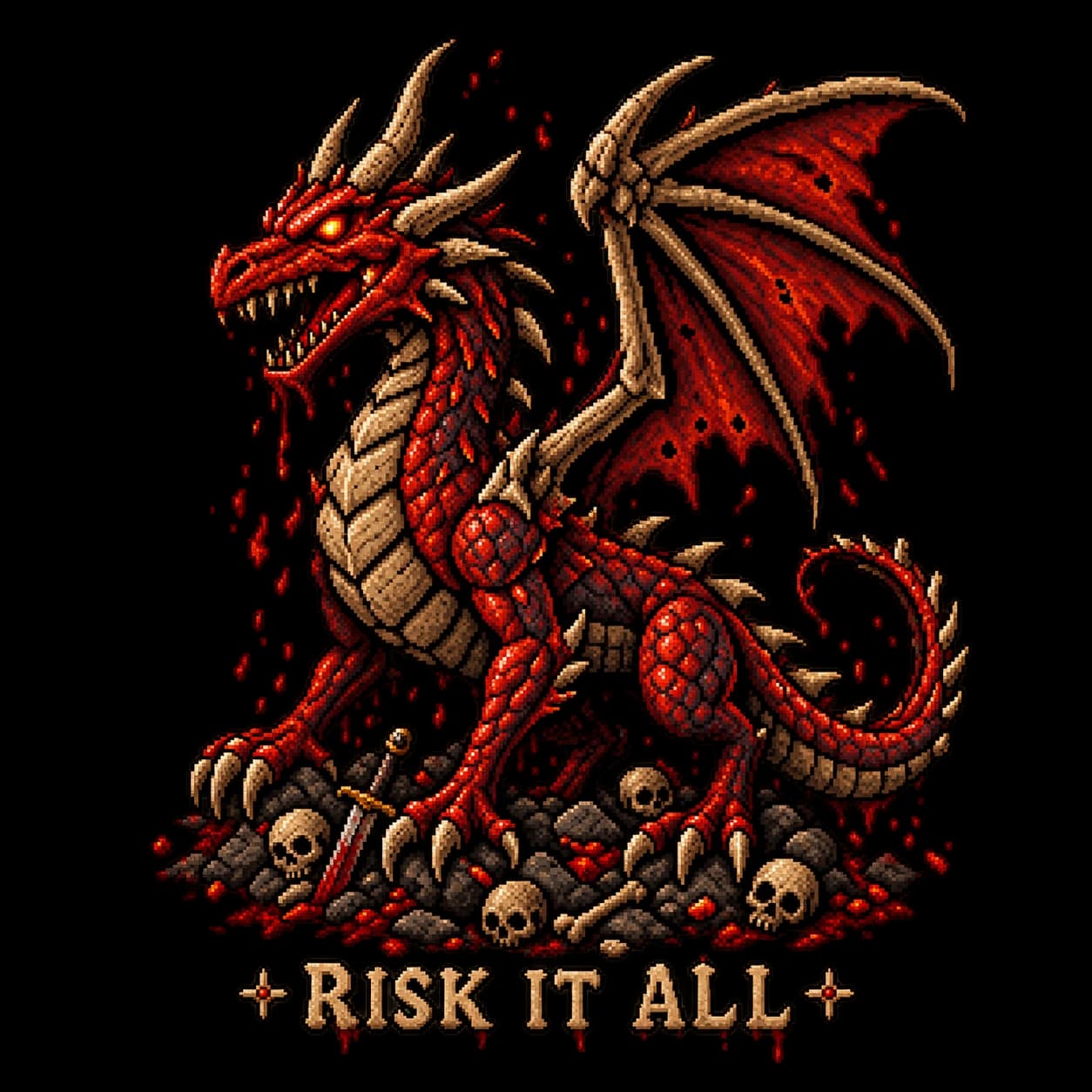 Pixel art red dragon standing over bones with Risk It All lettering