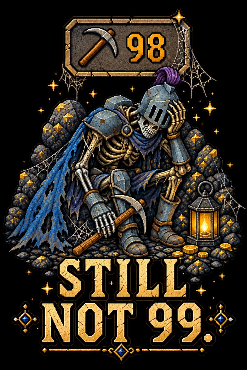 Still Not 99 exhausted adventurer artwork shown on a washed-black Saint Havoc RuneScape tee