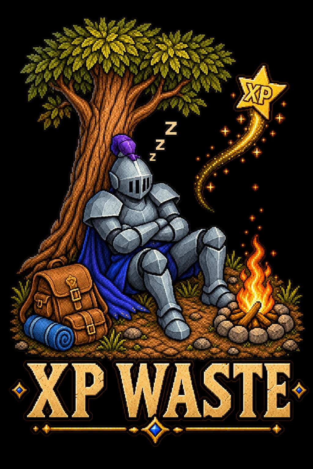 XP Waste resting adventurer artwork shown on a washed-black Saint Havoc RuneScape tee