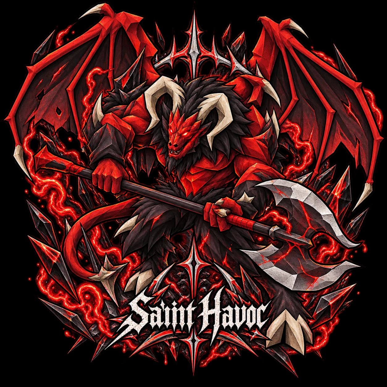 Crimson Yama boss artwork shown on a washed-black Saint Havoc RuneScape tee