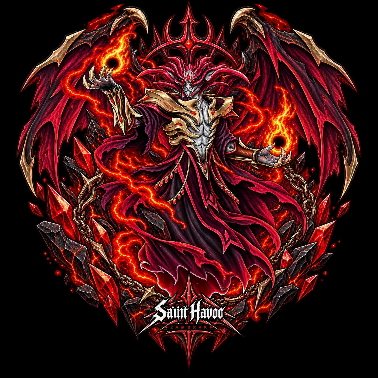 Crimson winged Zamorak artwork shown on a washed-black Saint Havoc RuneScape tee