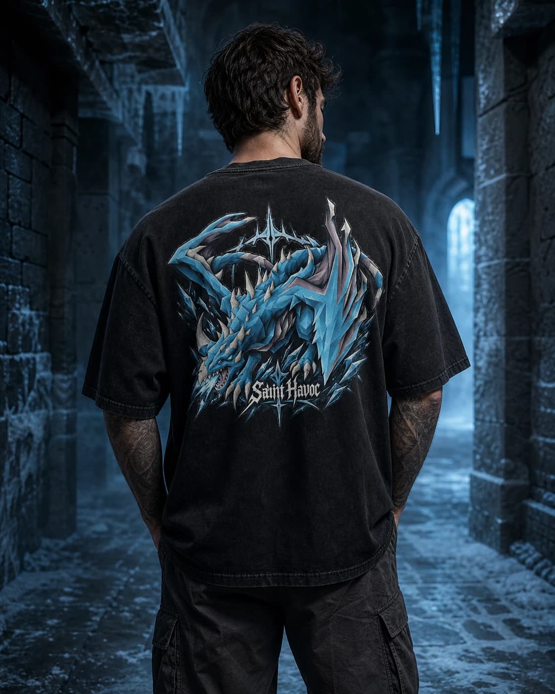 Model wearing the Frost Wyrm RuneScape graphic tee