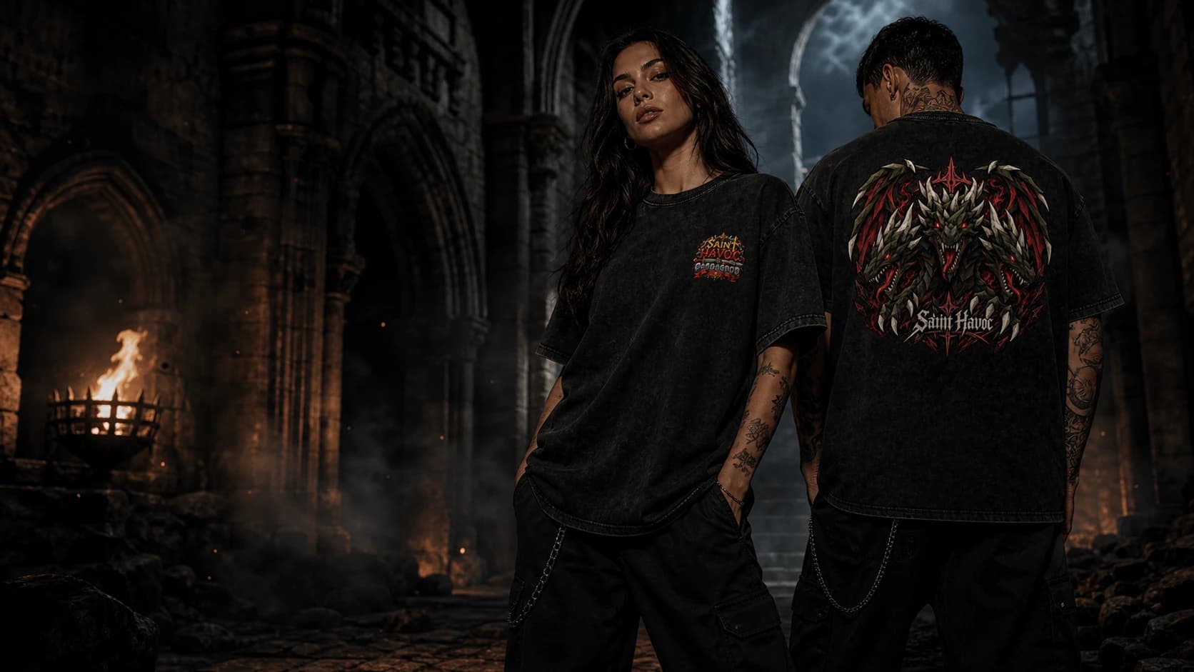 Models wearing Saint Havoc x RuneScape graphic tees
