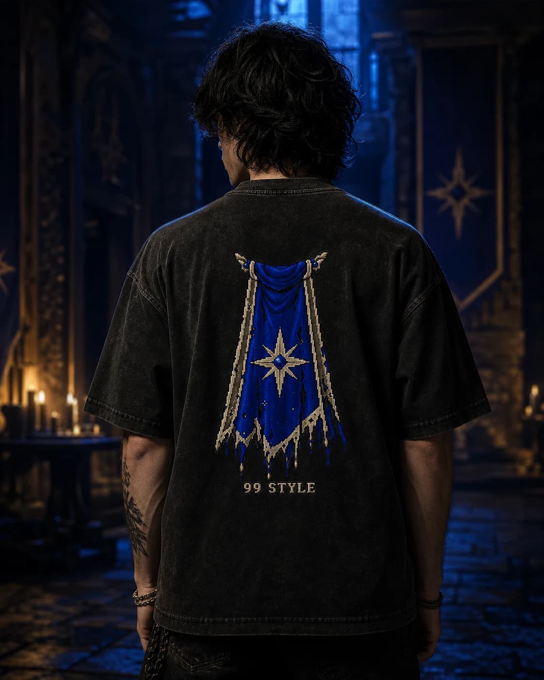 Model wearing the 99 Style RuneScape back-print tee