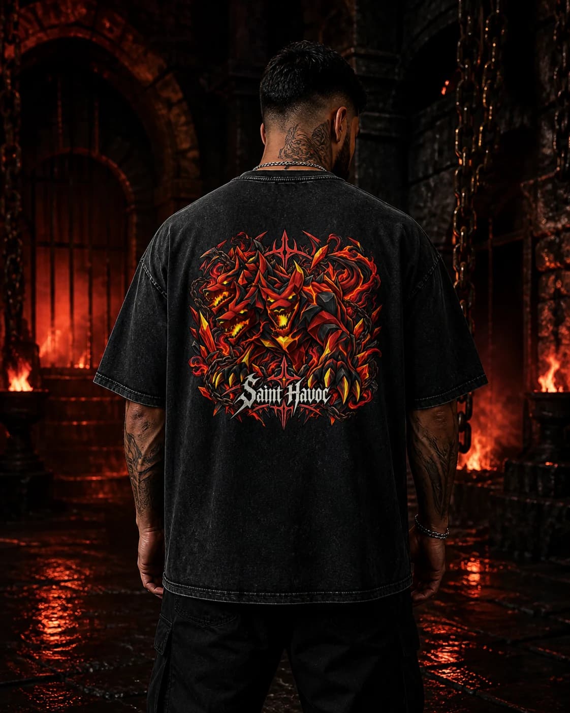 Model wearing the Cerebus RuneScape back-print tee