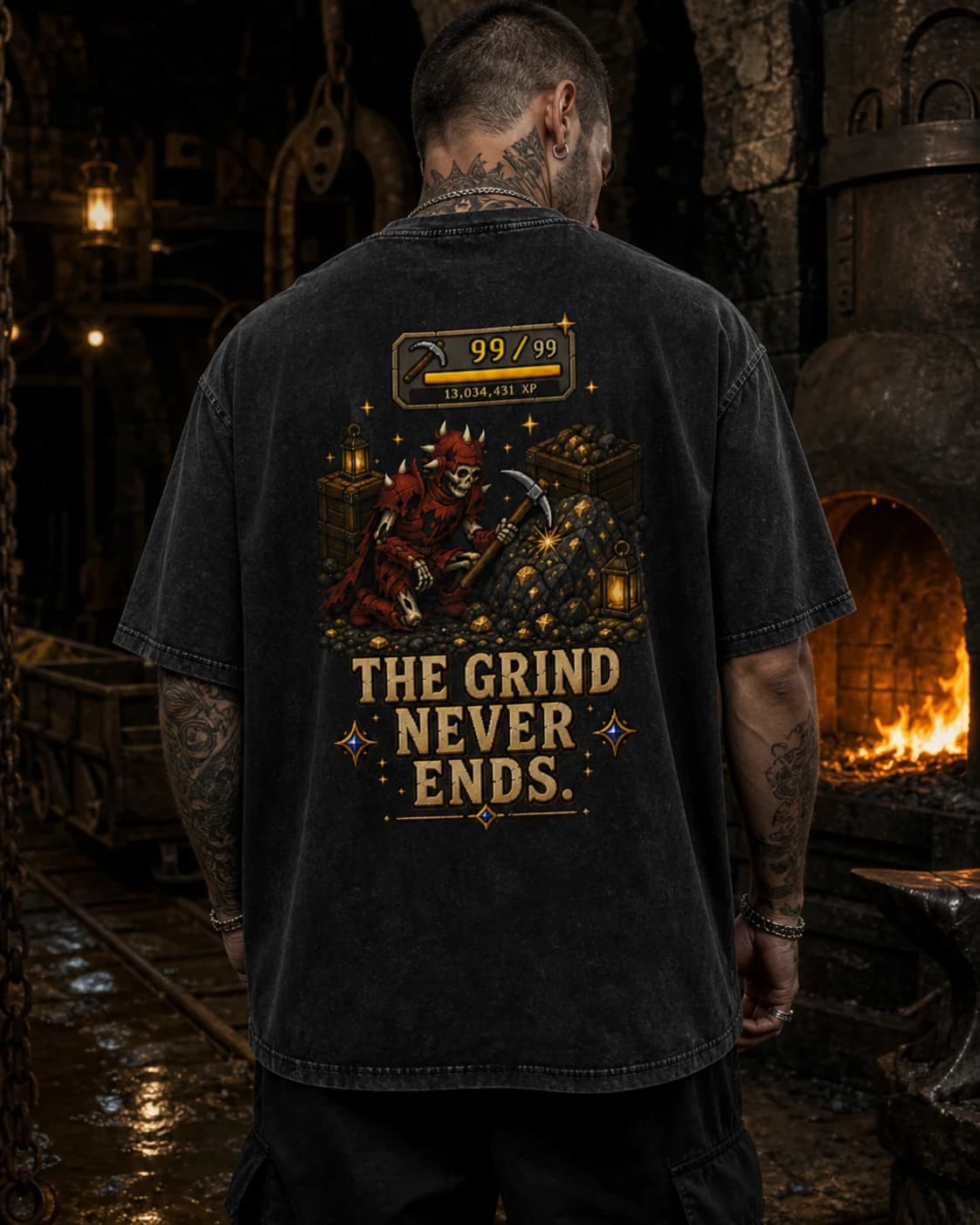 Model wearing the Grind Never Ends RuneScape back-print tee
