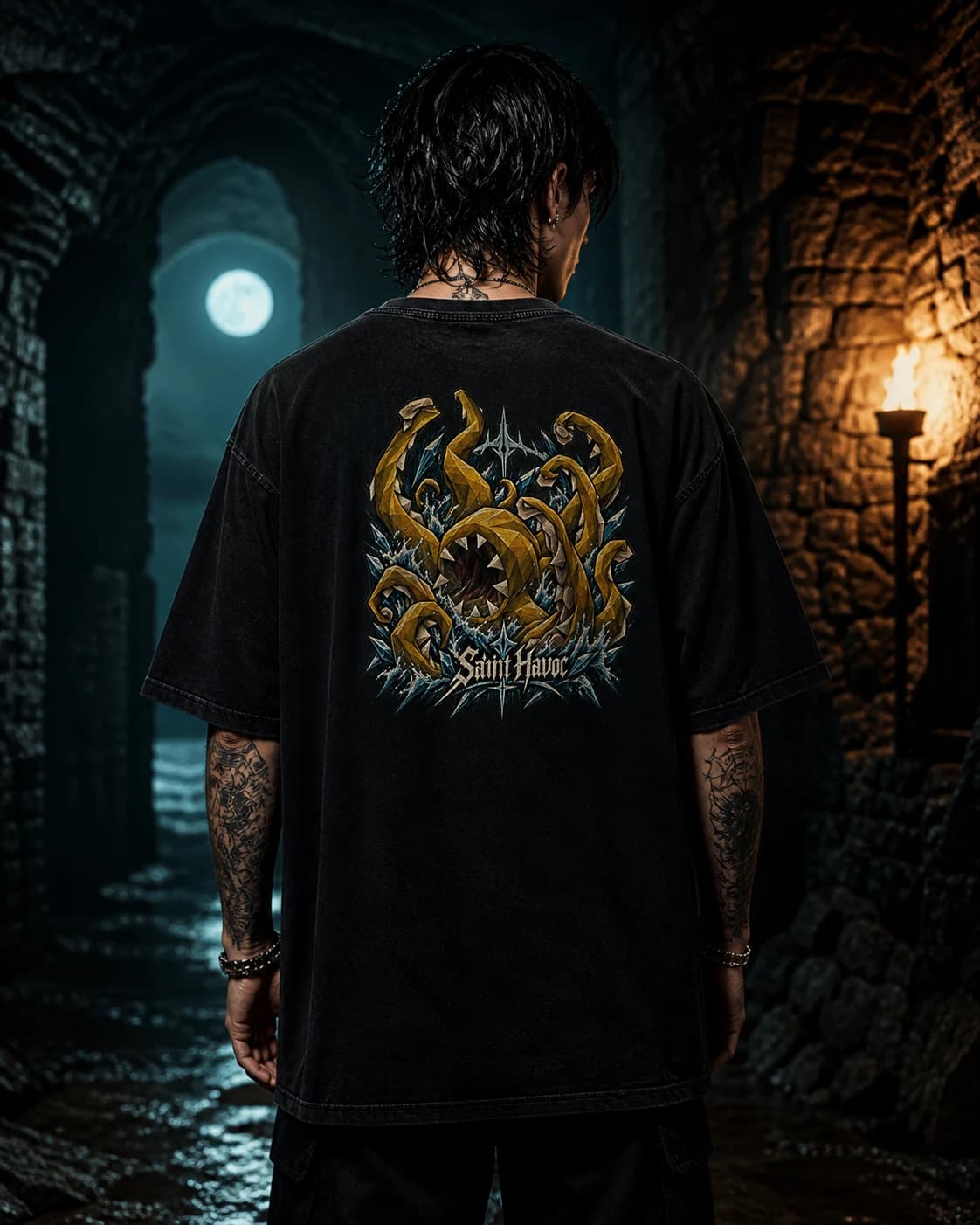 Model wearing the Kraken RuneScape back-print tee