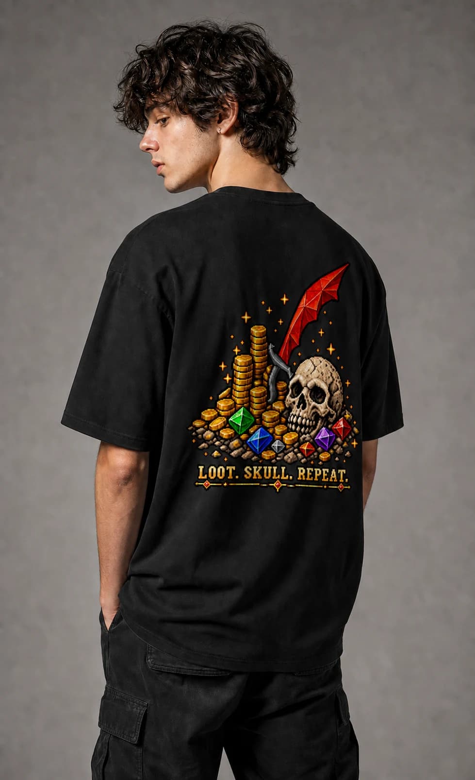 Loot. Skull. Repeat. worn on a model