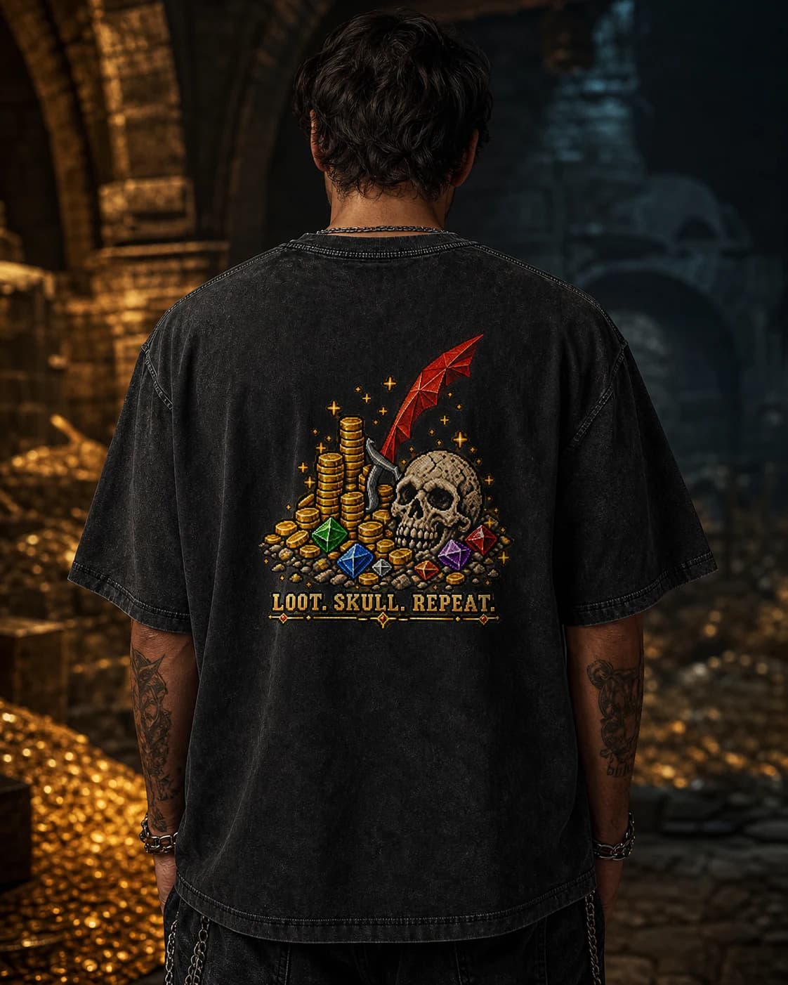Model wearing the Loot. Skull. Repeat. RuneScape back-print tee