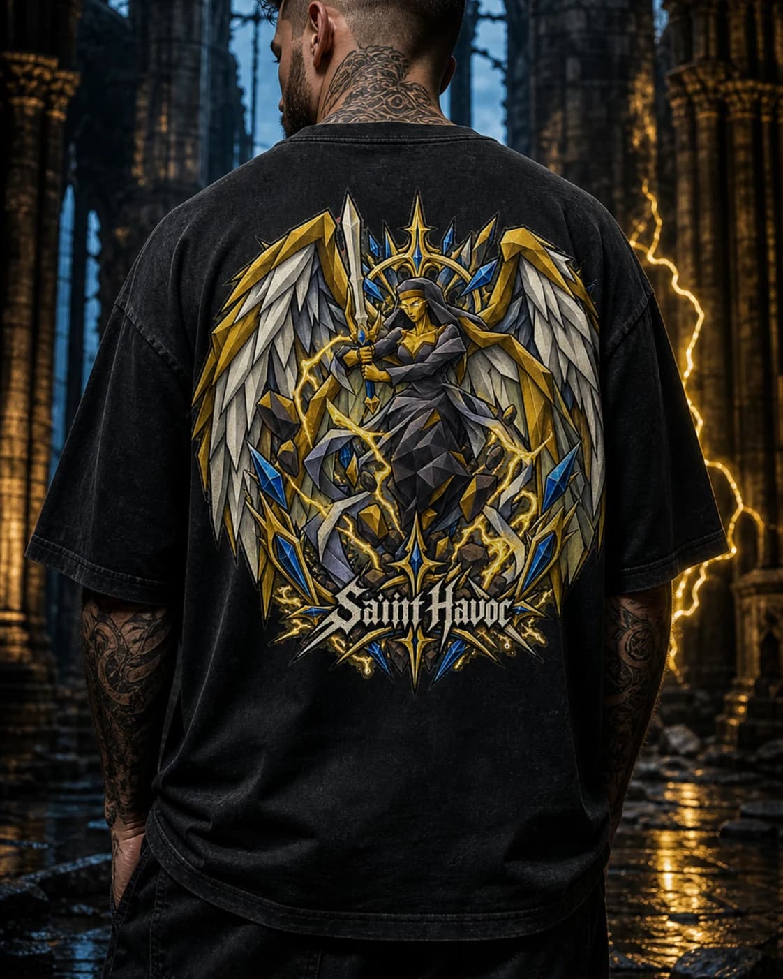 Model wearing the Mad Angel RuneScape back-print tee