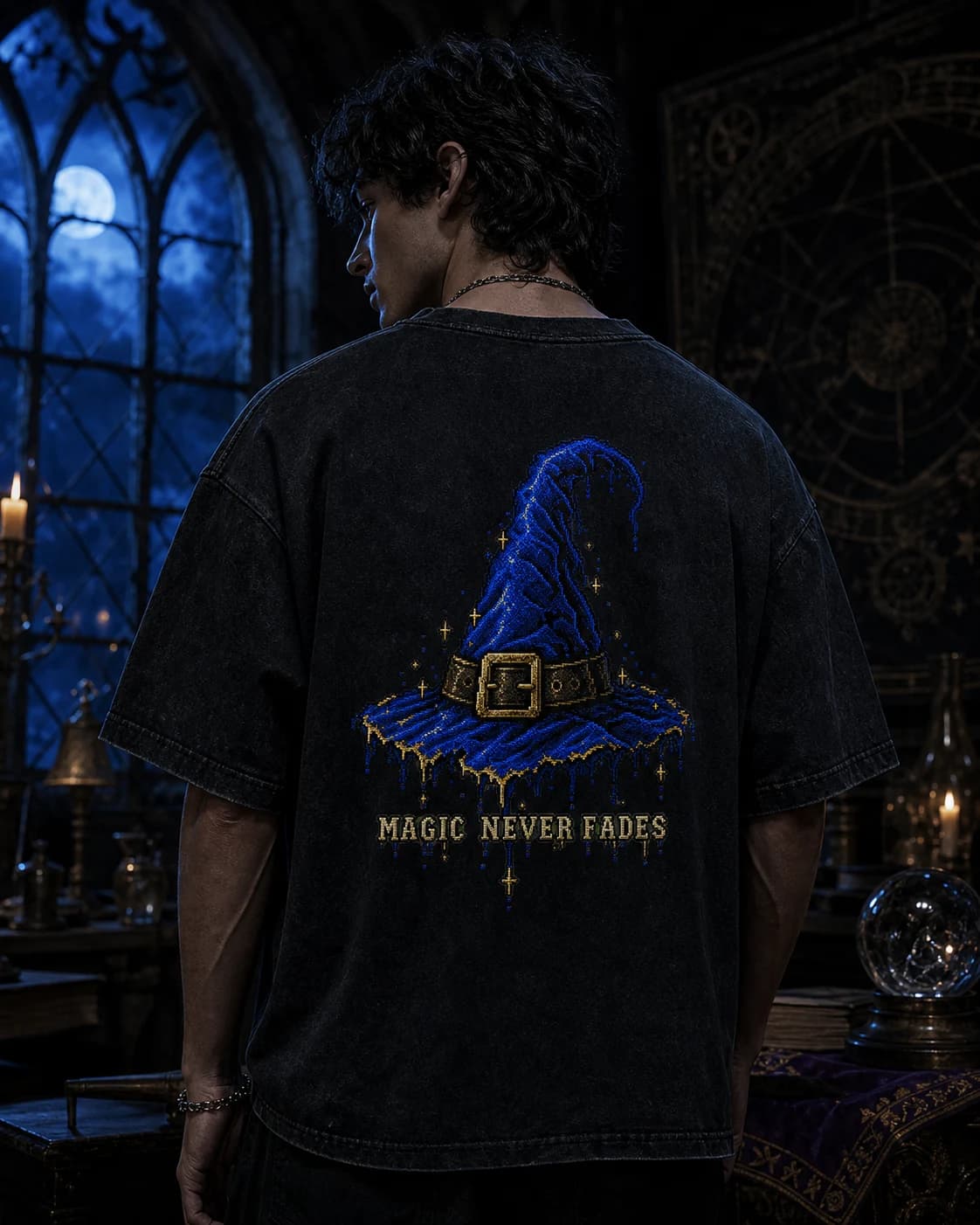 Model wearing the The Magic Never Fades RuneScape back-print tee