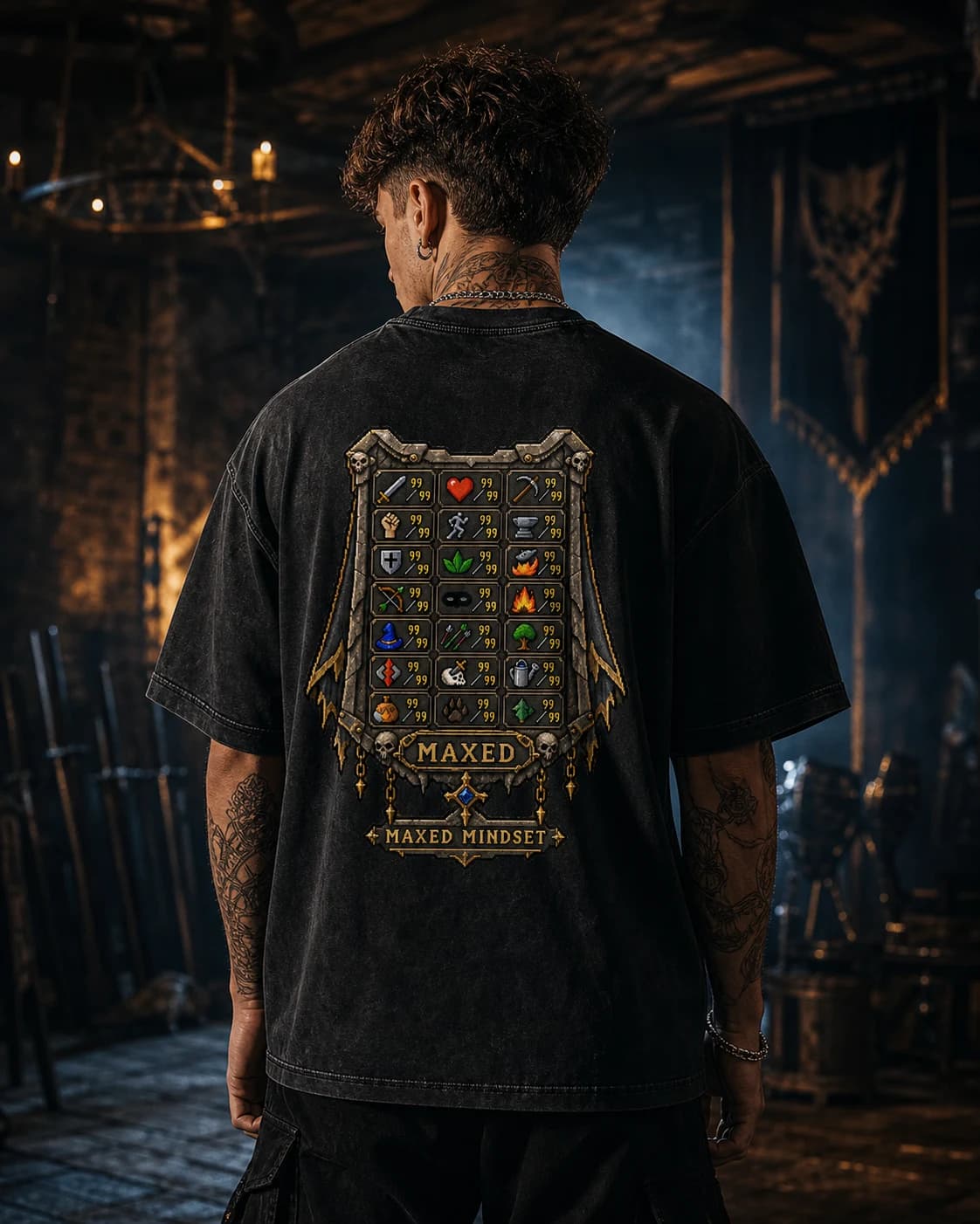 Model wearing the Maxed Mindset RuneScape back-print tee