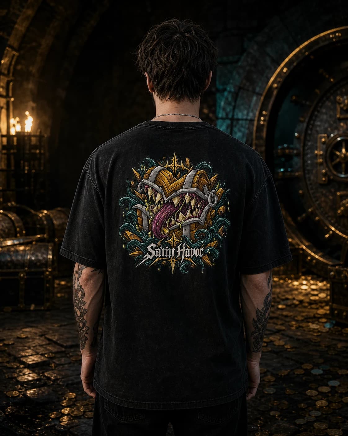 Model wearing the Mimic RuneScape back-print tee