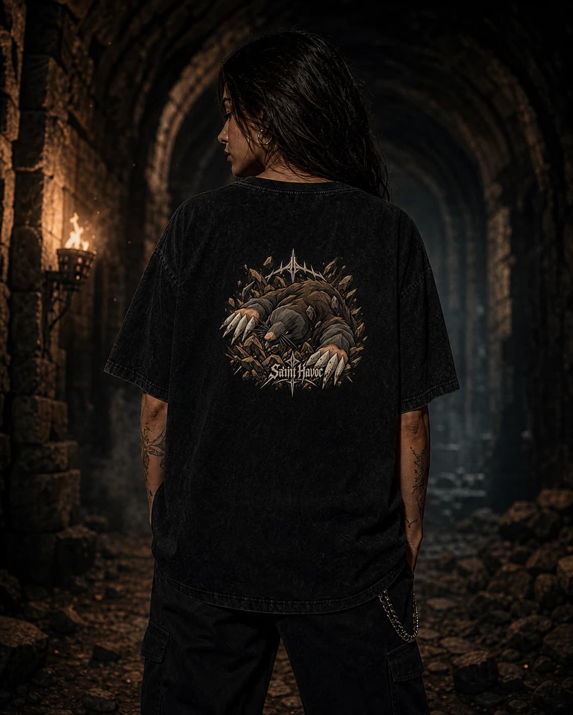Model wearing the Mr Mole RuneScape back-print tee