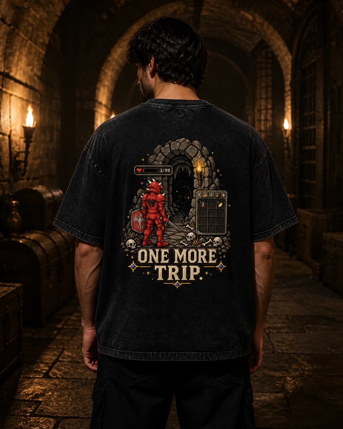 Model wearing the One More Trip RuneScape back-print tee