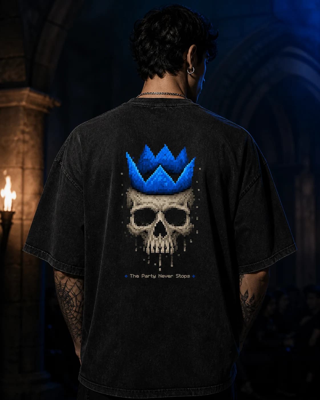 Model wearing the The Party Never Stops RuneScape back-print tee