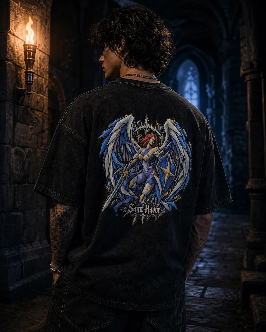 Model wearing the Saradomin RuneScape back-print tee