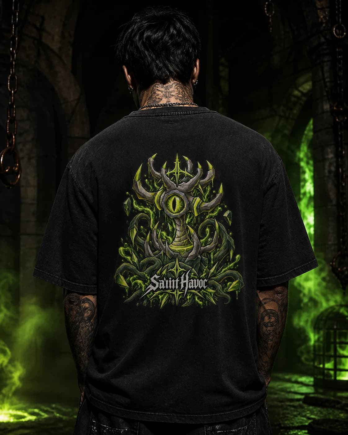 Model wearing the Thermonuclear Smoke Devil RuneScape back-print tee