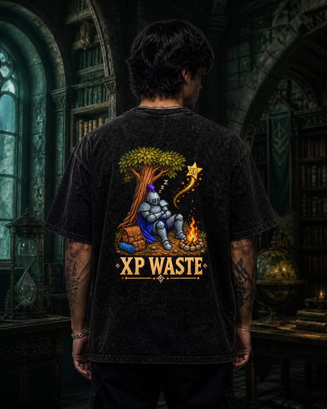 Model wearing the XP Waste RuneScape back-print tee