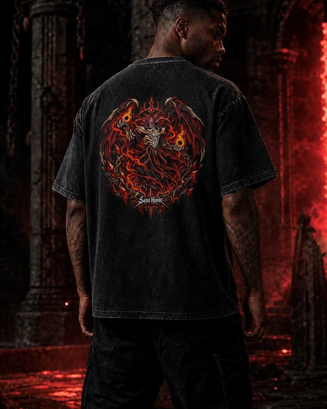 Model wearing the Zamorak RuneScape back-print tee