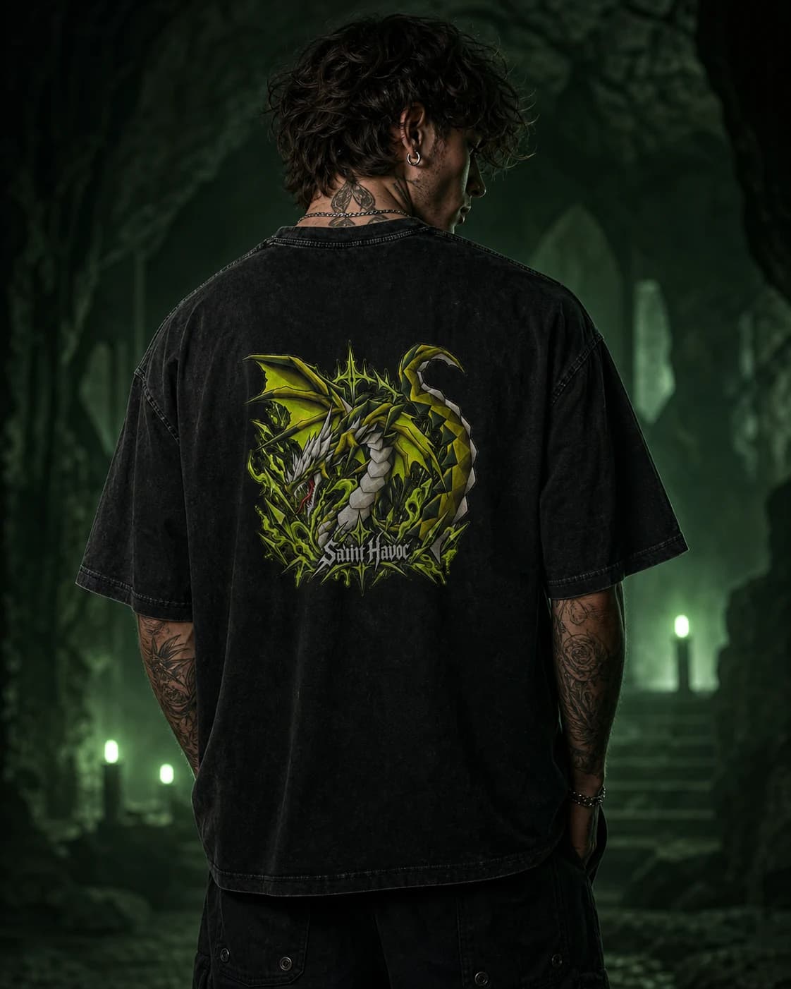 Model wearing the Zulrah RuneScape back-print tee