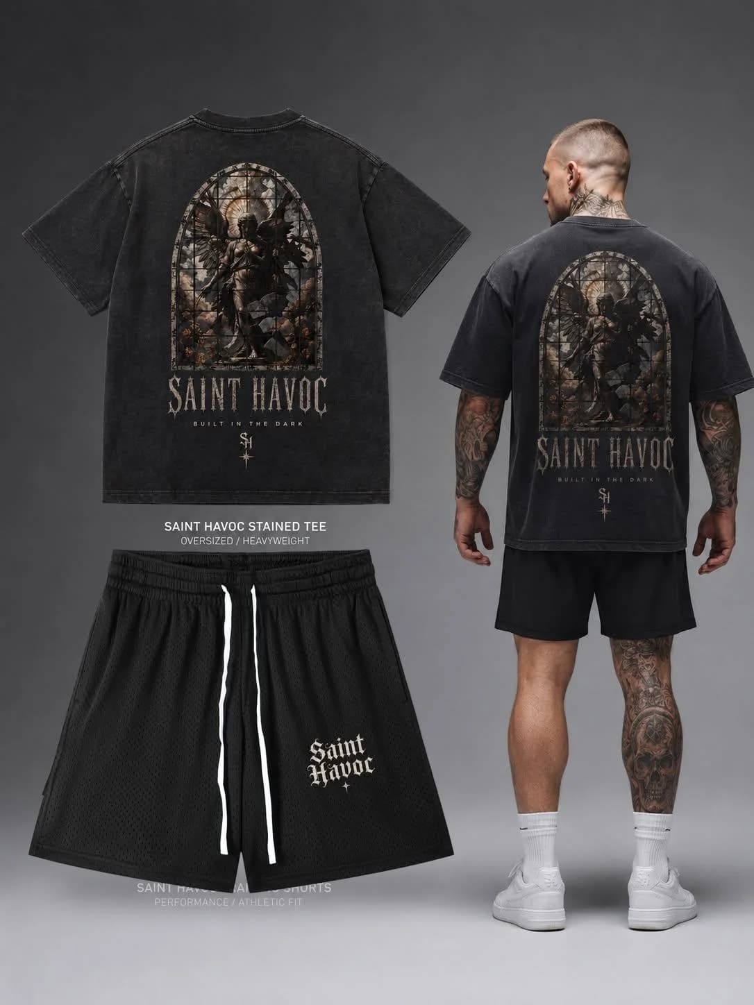Back view of a model wearing a Saint Havoc stained-glass tee